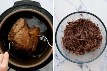 Side by side photo showing removing beef from inner pot and shredded instant pot beef in large mixing bowl.