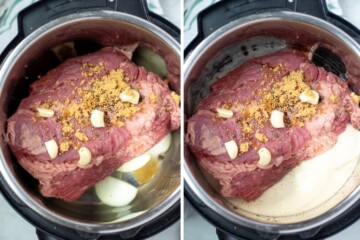 Side by side photos showing corned beef layered in inner pot on top of onions topped with pickling spices and garlic and then pouring in beer.