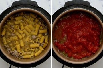 Side by side photo of inner pot filled with sausage and rigatoni noodles before and after topping with diced tomatoes.