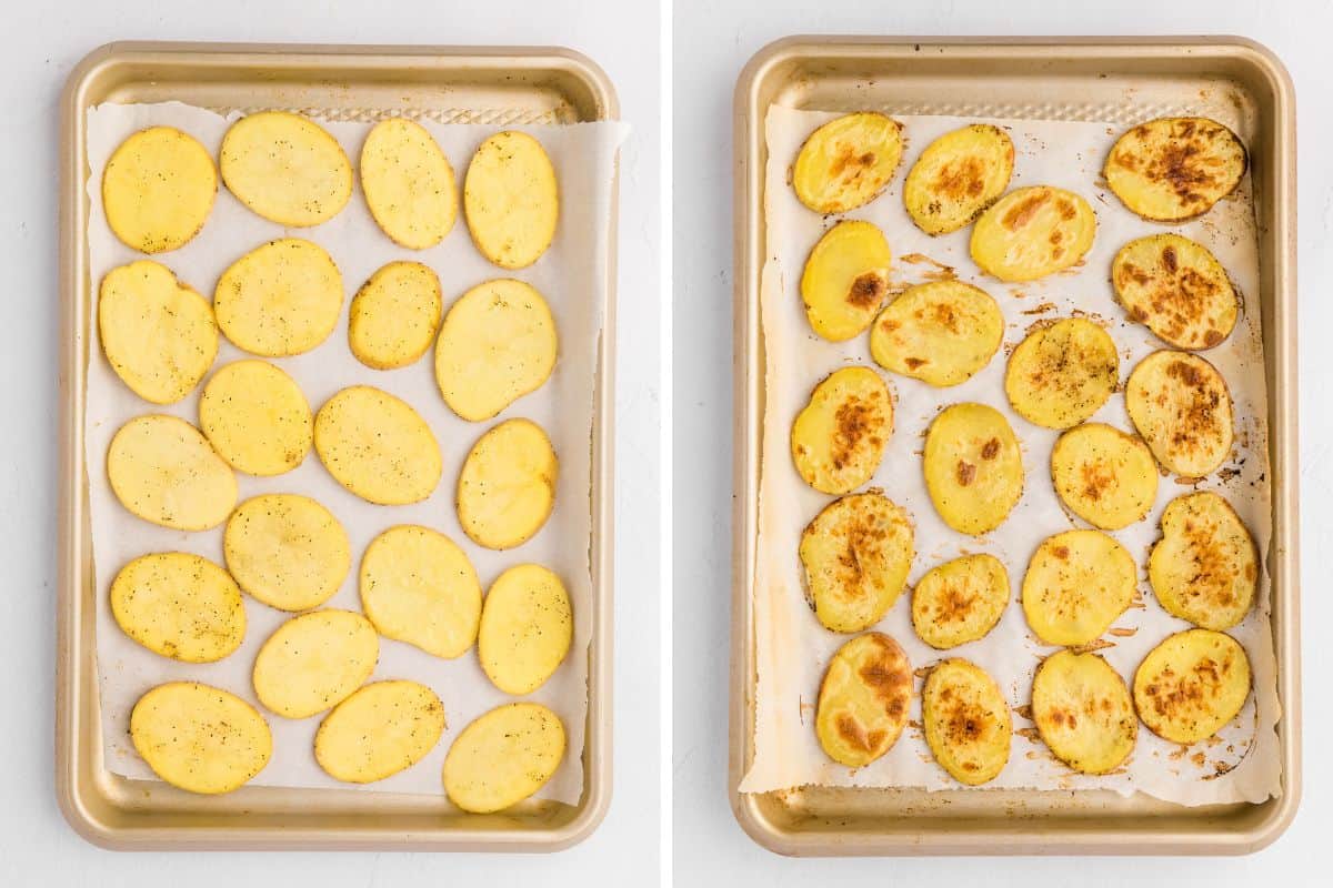 Side by side photo of seasoned potato slices on baking tray lined with parchment paper before and after baking until crispy.
