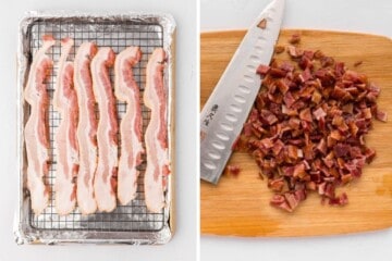 Side by side photos showing bacon on baking rack next to photo cutting diced bacon.