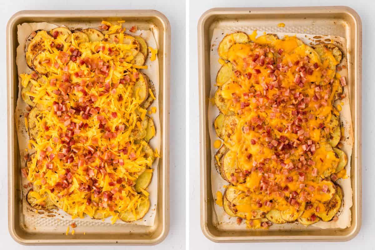 Side by side photos of baked potato slices layered on a baking sheet topped with shredded cheddar and bacon before and after baking.