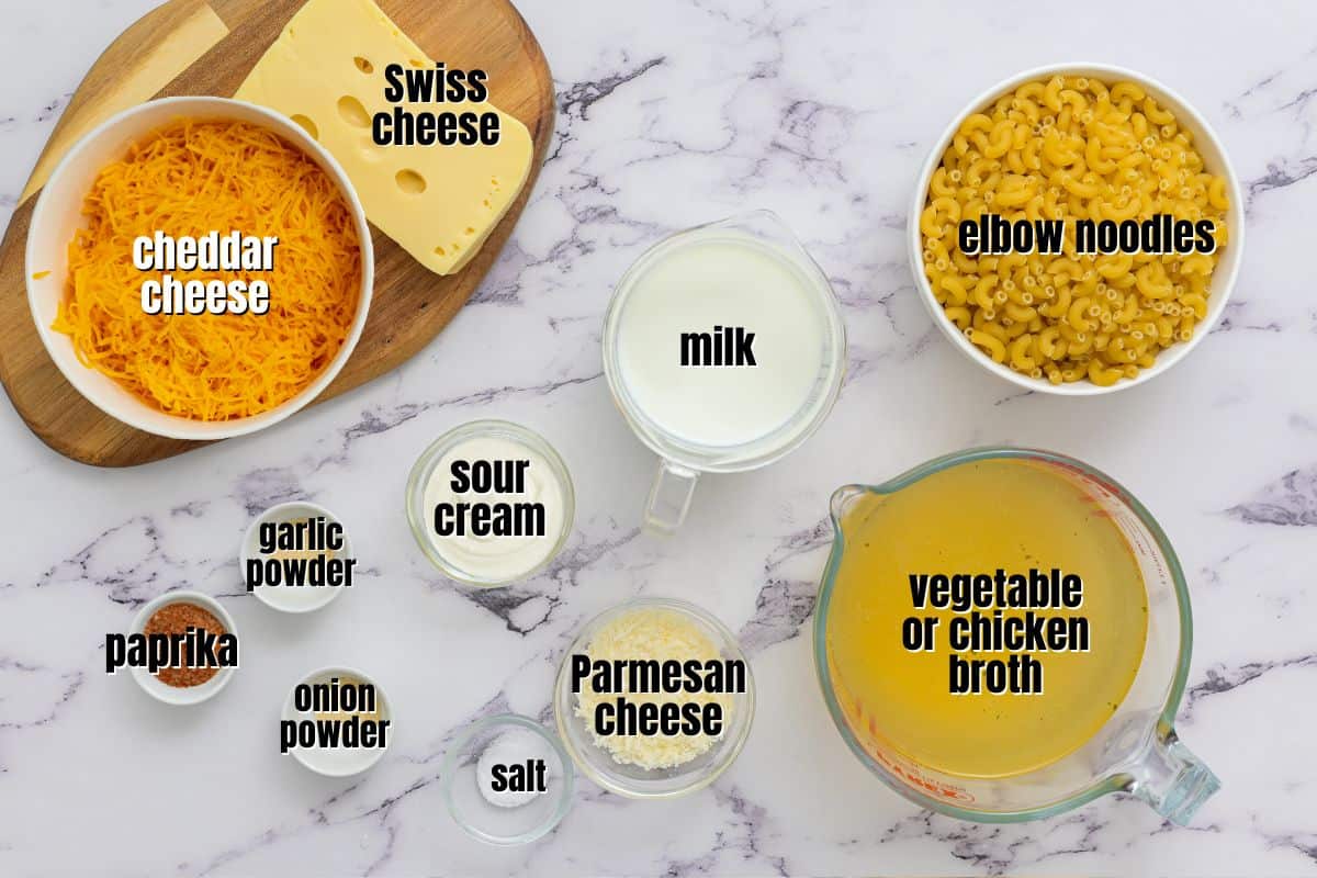 Ingredients for Instant Pot Mac and Cheese labeled on counter.