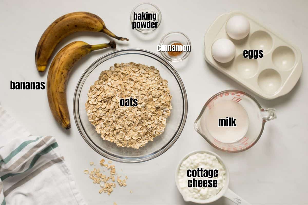 Ingredients for cottage cheese pancakes labeled on counter.
