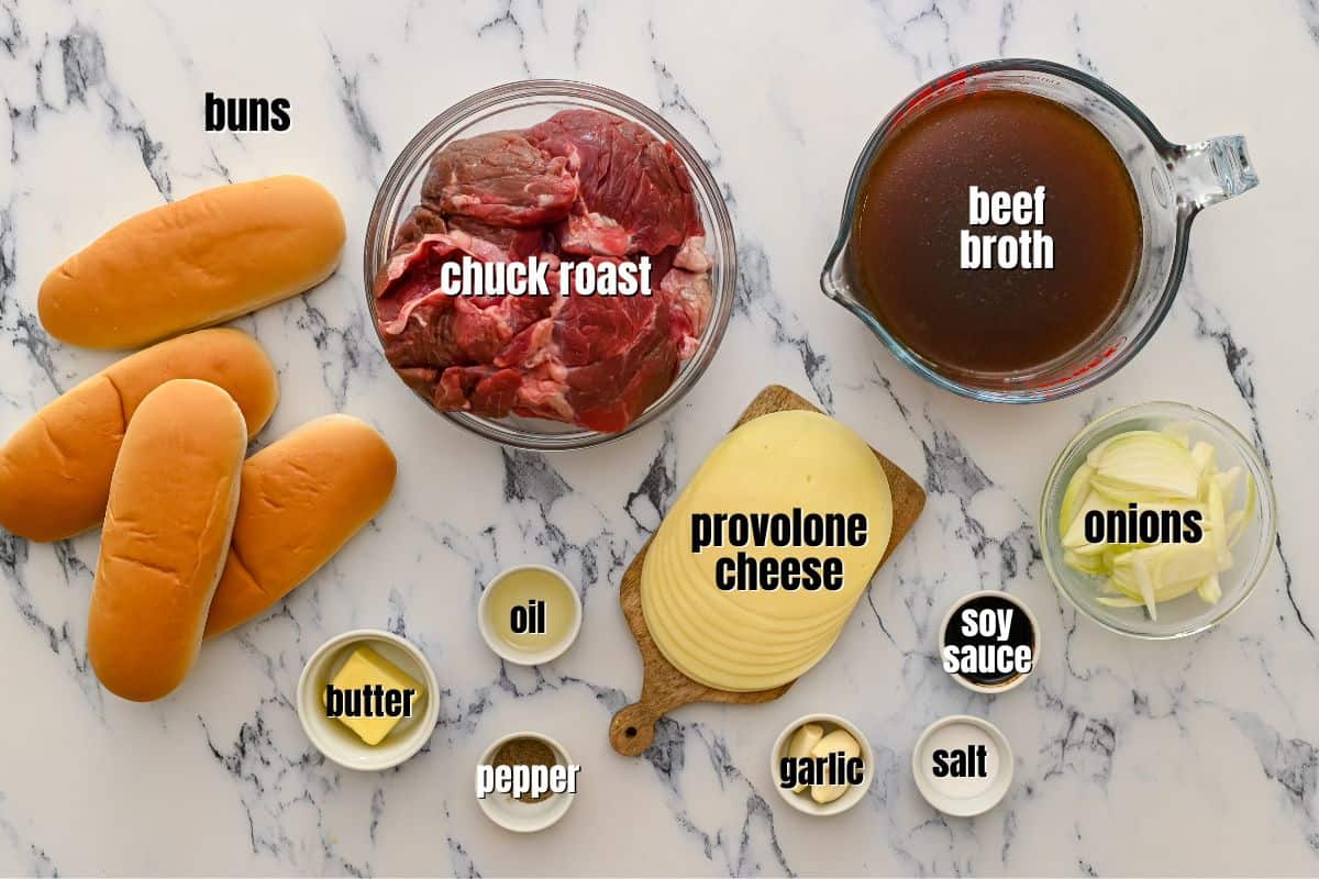Ingredients for Instant Pot French Dip labeled on counter.