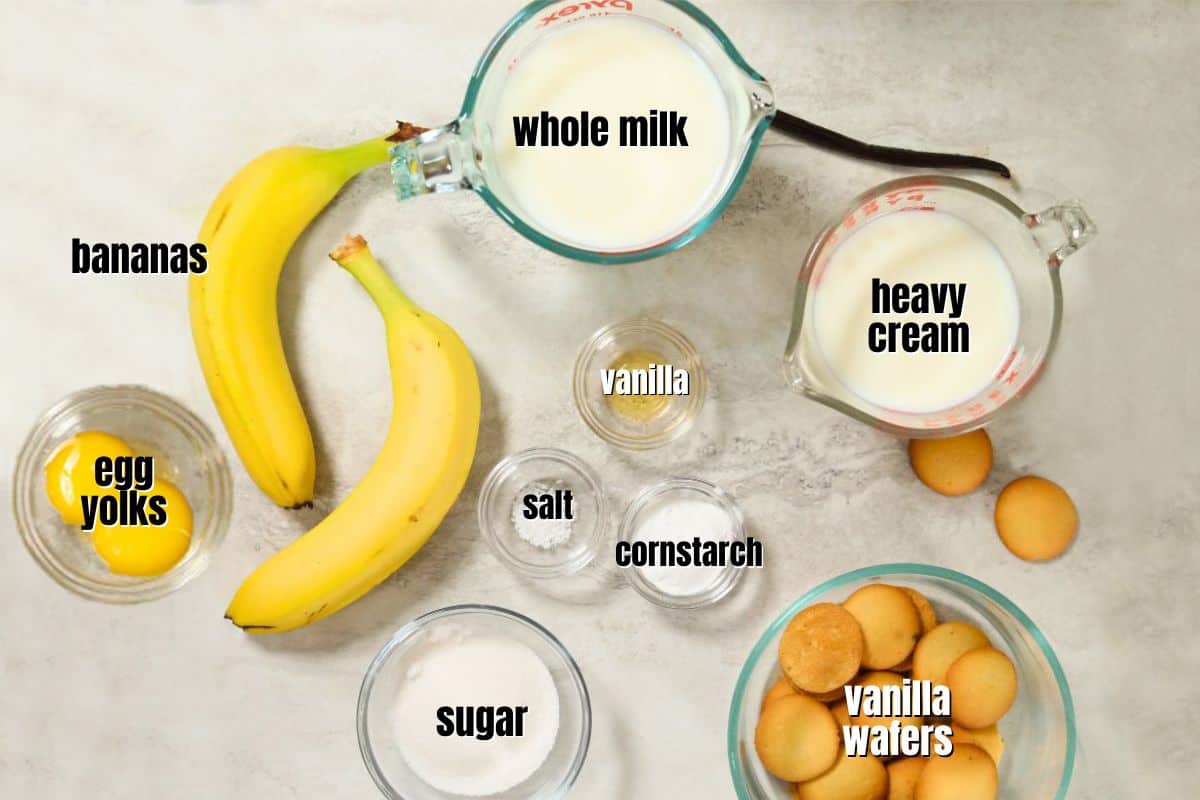 Ingredients for banana pudding labeled on counter.