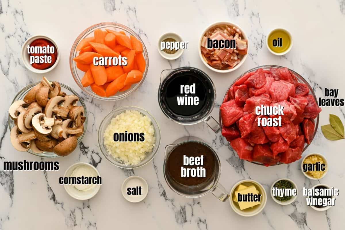 Ingredients for beef bourguignon labeled on counter.