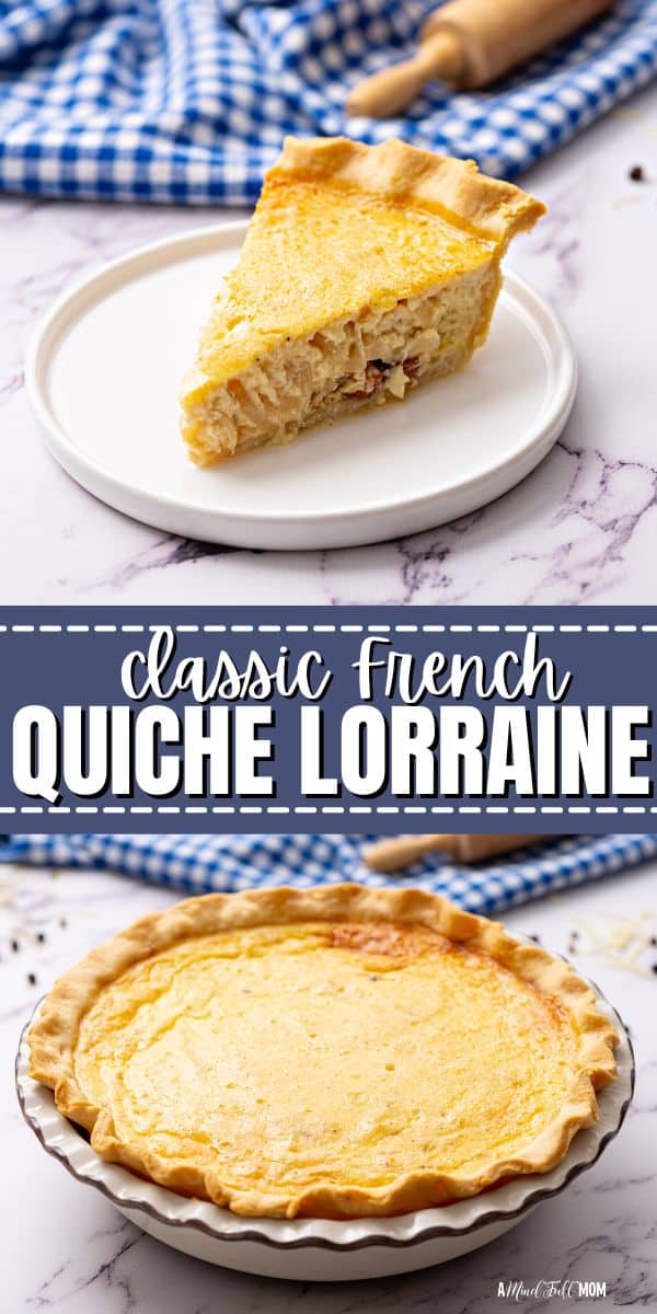 Quiche Lorraine is everyone's favorite quiche recipe! Made with crispy bacon, sharp Swiss, caramelized onions, and rich egg custard, this luscious recipe for bacon quiche is a crowd-pleasing recipe perfect for breakfast, lunch, or dinner.