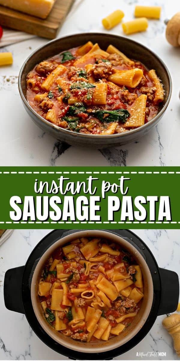 Made with Italian sausage, seasoned tomatoes, fresh spinach, and perfectly cooked rigatoni, this recipe for Instant Pot Sausage Pasta is one of the easiest, most flavorful, all-in-one Instant Pot recipes. It is made with basic pantry staples and comes together in under 30 minutes to deliver a family-favorite dinner recipe. 