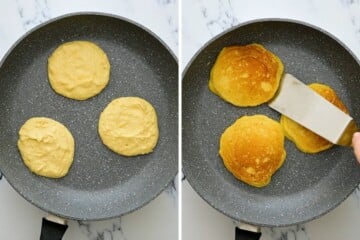Side by side photo collage of 3 lemon ricotta pancakes in frying pan before and after being flipped.