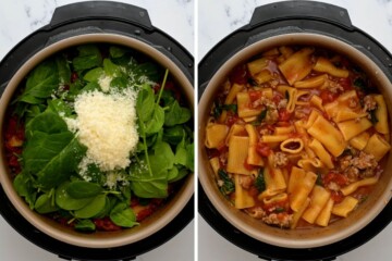 Side by side photo of adding spinach and parmesan to rigatoni in instant pot before and after mixing together.