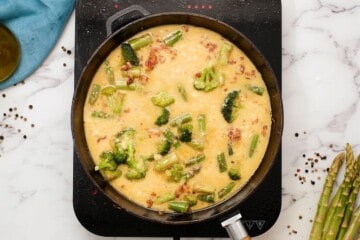 Bacon, vegetables, and eggs in heat-safe skillet before baking.
