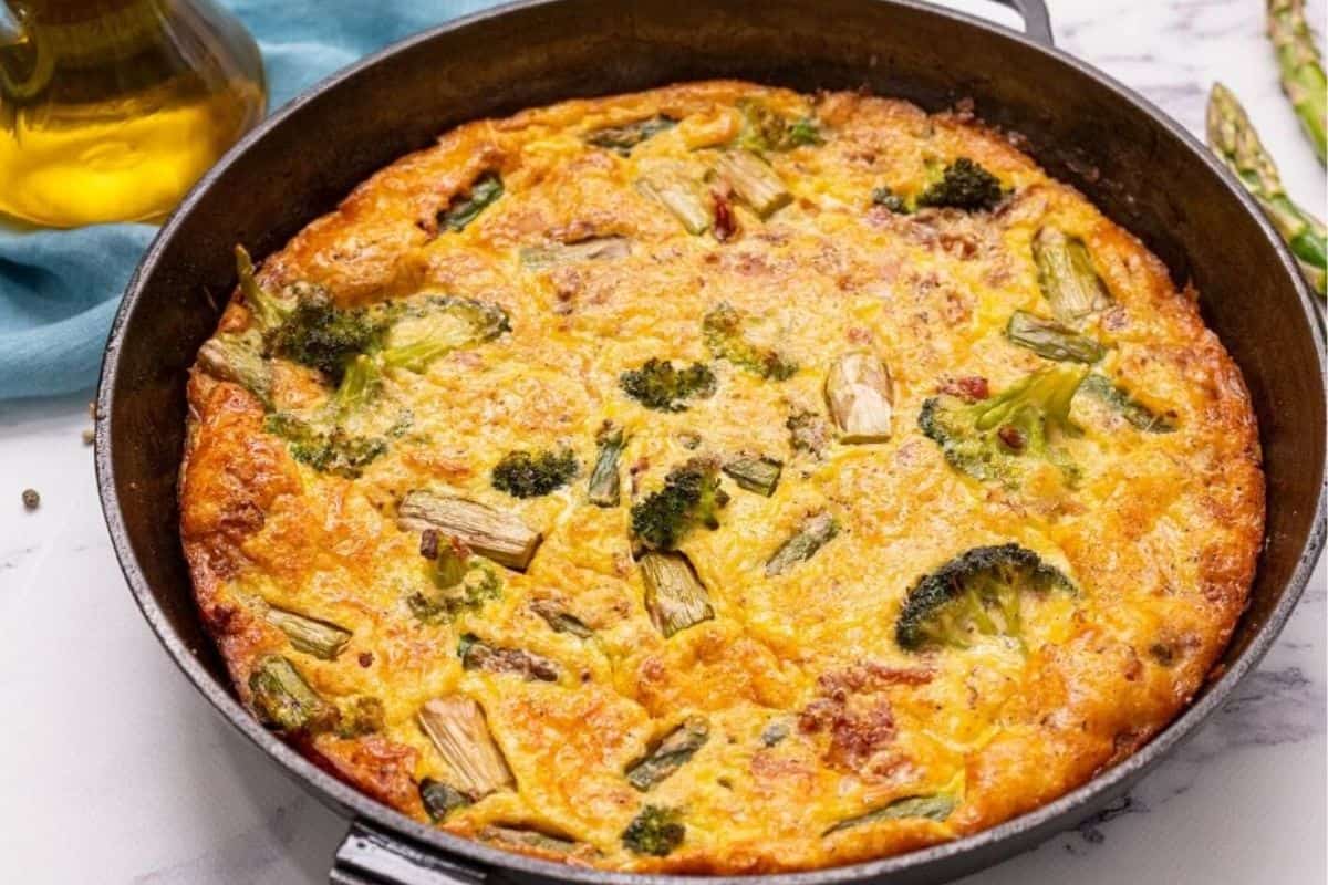 Baked Asparagus Frittata in cast iron skillet.