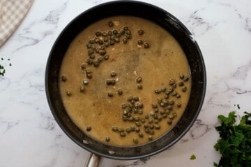 Piccata sauce after adding butter in saute pan.