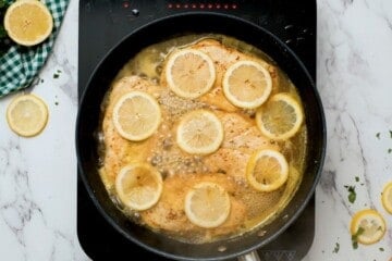 Chicken cutlets cooked in a skillet topped with lemon slices in a lemon honey pan sauce.