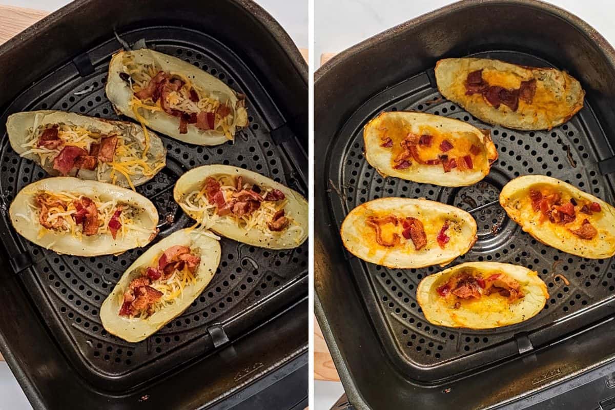 Side by side photos showing potato skins in air fryer basket topped with bacon and cheese before and after being air-fried.