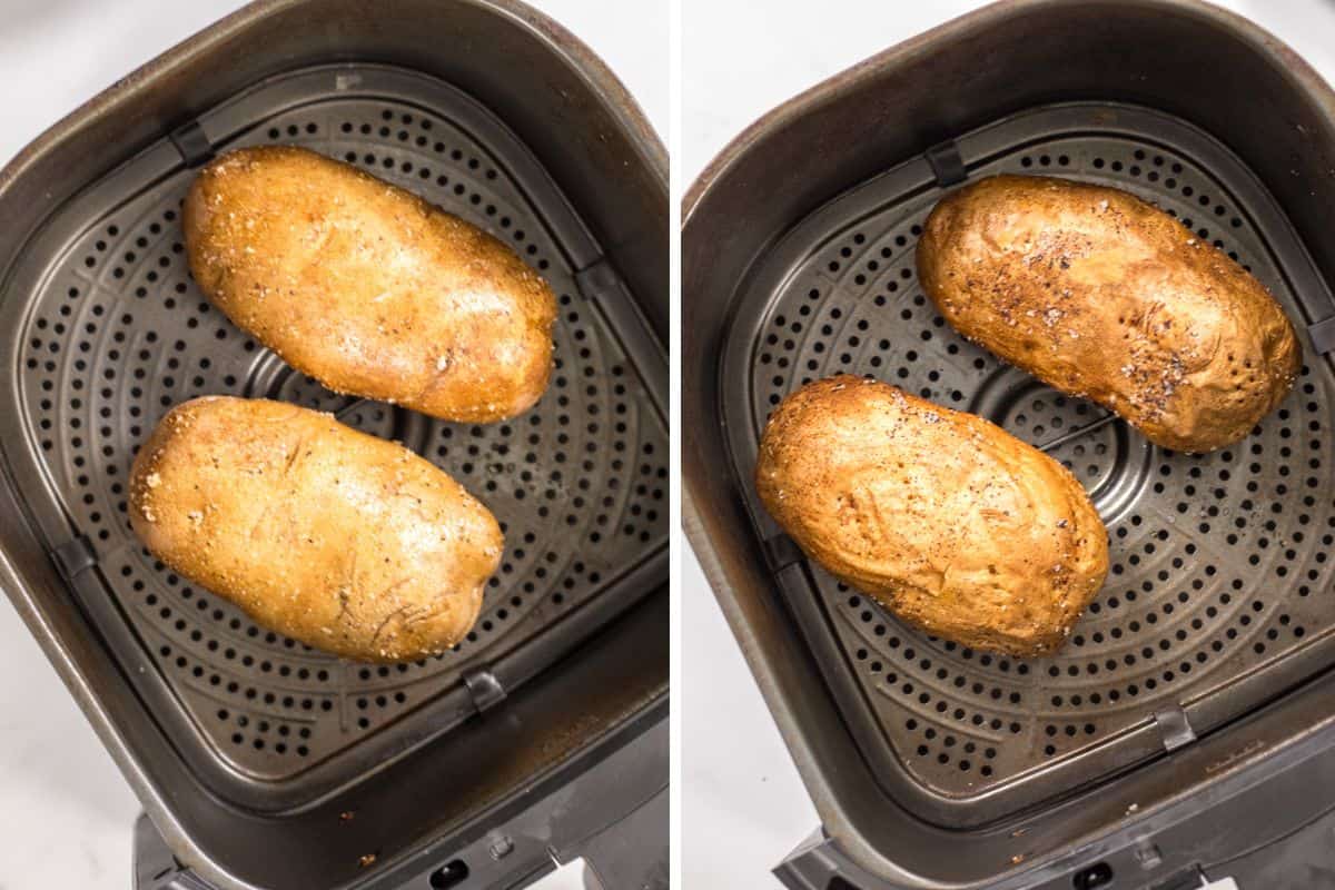 Side by side photo showing air fryer with 2 russet potatoes before and after air frying them.