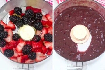 Side by side photo of food processor showing fruit before and after blending together with honey.