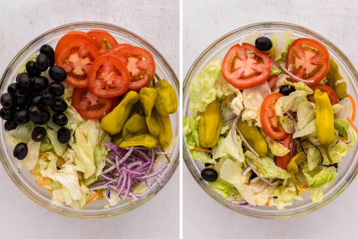 Clear mixing bowl side by side with iceberg, cabbage, onions, carrots, olives, tomatoes, and pepperoncini peppers before and after being tossed together.