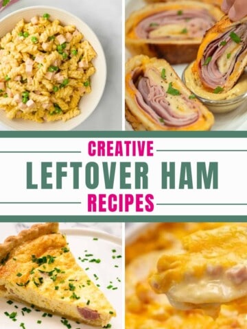 Collage of photos of recipes made with ham with title text overlay that reads creative leftover ham recipes.