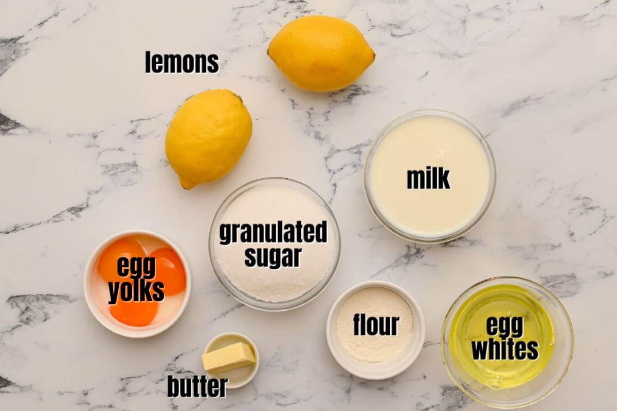 Ingredients for baked lemon pudding labeled on counter.