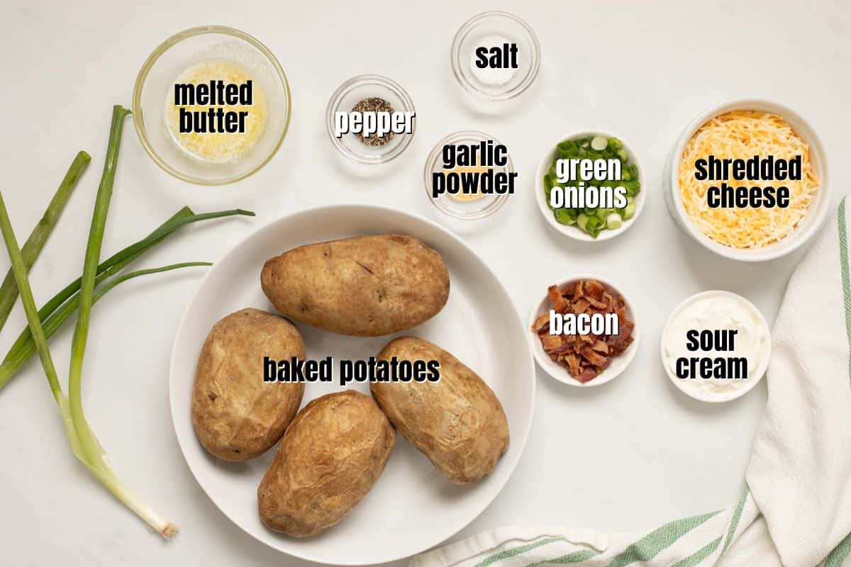 Ingredients for Loaded Air Fryer Potato Skins Labeled with title text overlay.