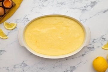 Lemon Custard in white baking dish.