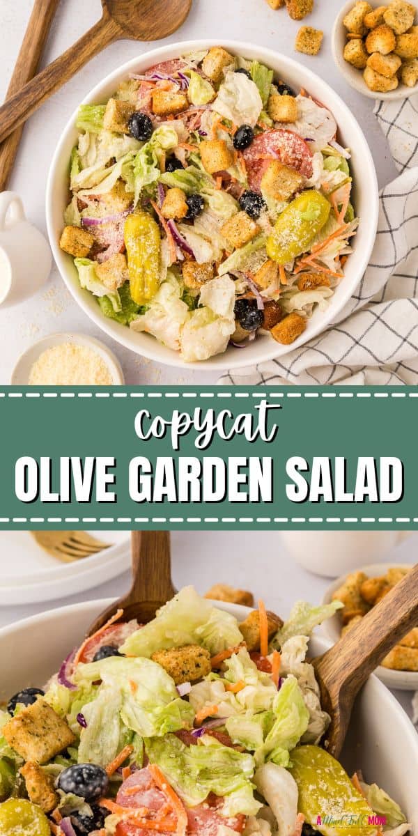 Enjoy Olive Garden Salad right at your own dinner table with this easy copycat recipe! Packed with fresh ingredients, croutons, and homemade, creamy parmesan dressing, this easy salad recipe captures all the flavors of the original!