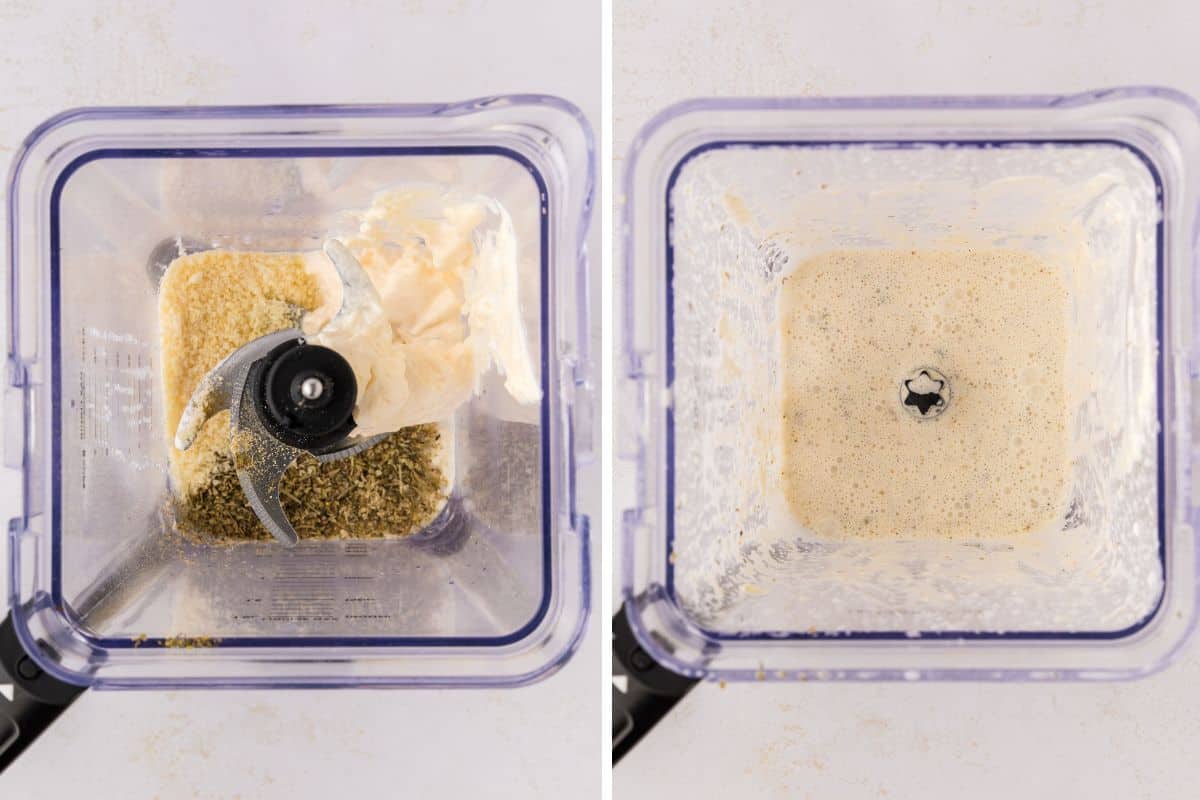 Side by side photo showing ingredients for creamy parmesan dressing in blender before and after blending together.