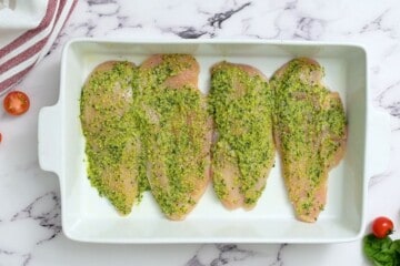 Chicken cutlets in white baking dish coated with pesto.