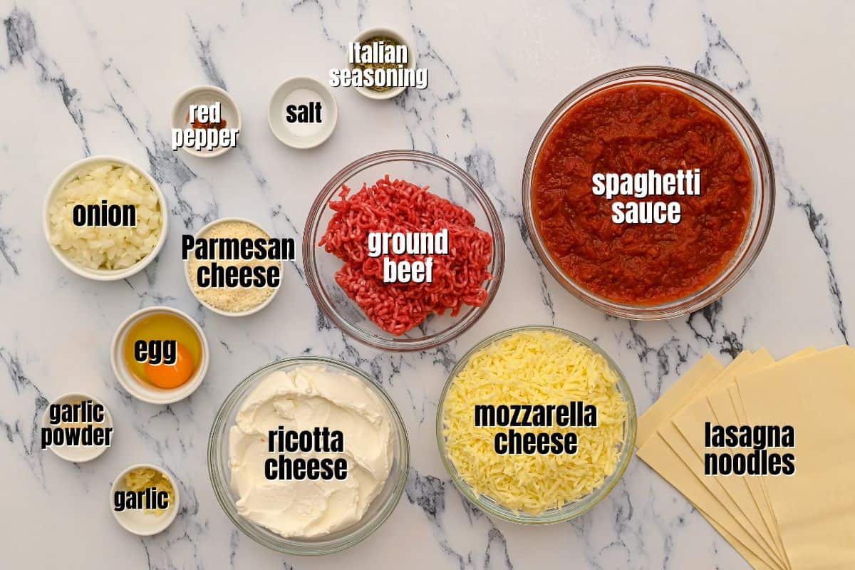 Ingredients for Lasagna labeled on counter.