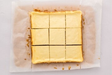 Lemon Cheesecake Bars after being removed from baking pan and cut into 12 wedges.