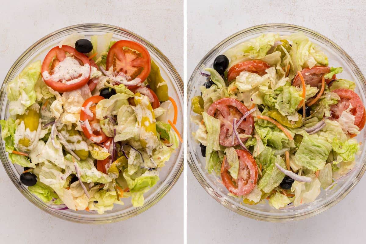 Clear mixing bowl side by side with iceberg, cabbage, onions, carrots, olives, tomatoes, and pepperoncini peppers and homemade creamy Italian dressing before and after being tossed together.