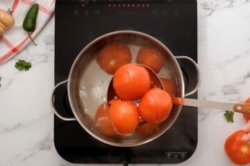 Slotted spoon pulling out tomatoes from boiling water to remove skins.