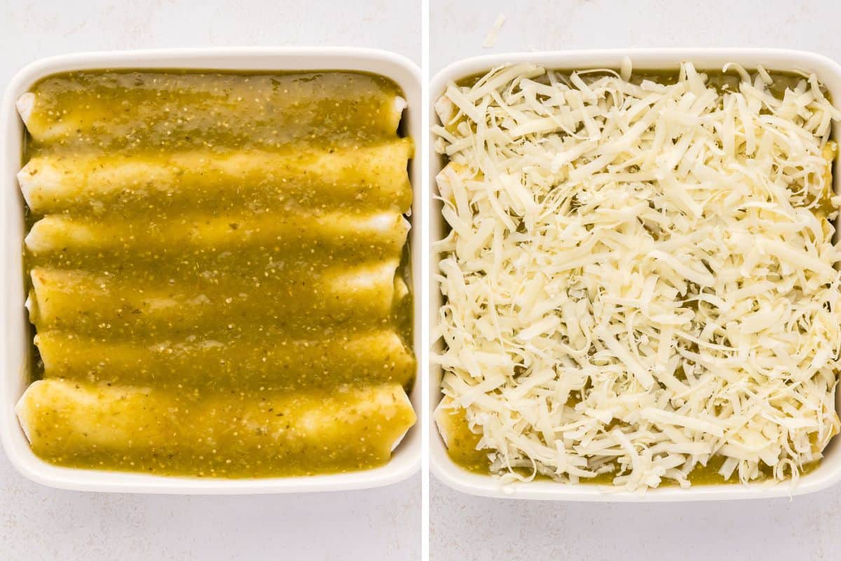 Side by side photo showing rolled chicken enchiladas topped with salsa verde in a baking dish before and after adding shredded cheese.