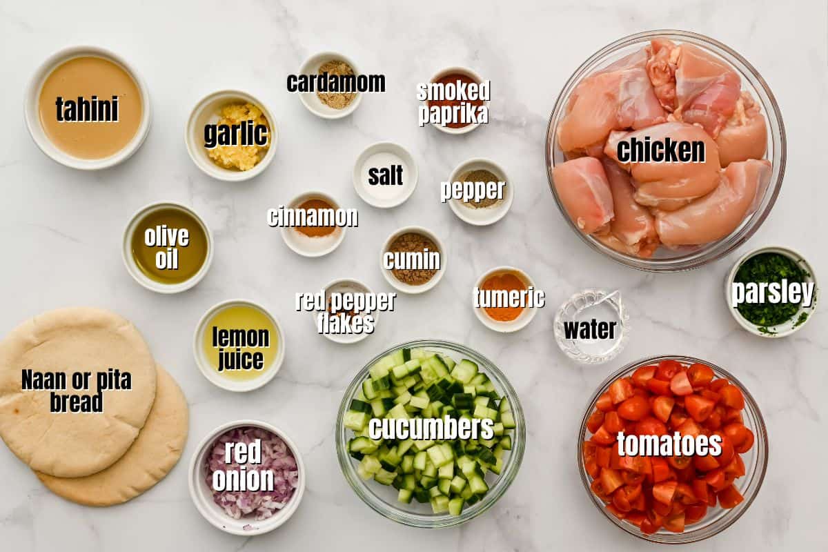 Ingredients for Chicken Shawarma wraps labeled with text overlay.
