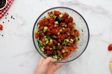 Tomatoes, cucumber, red onions, and parsley combined in small mixing bowl.