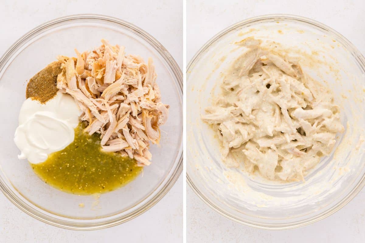 Side by side photo showing mixing bowls with ingredients for chicken salsa verde enchilada filling before and after mixing ingredients together.