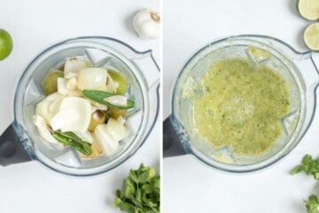 Side by side photo of blender before and after pulsing together the ingredients for roasted green salsa.