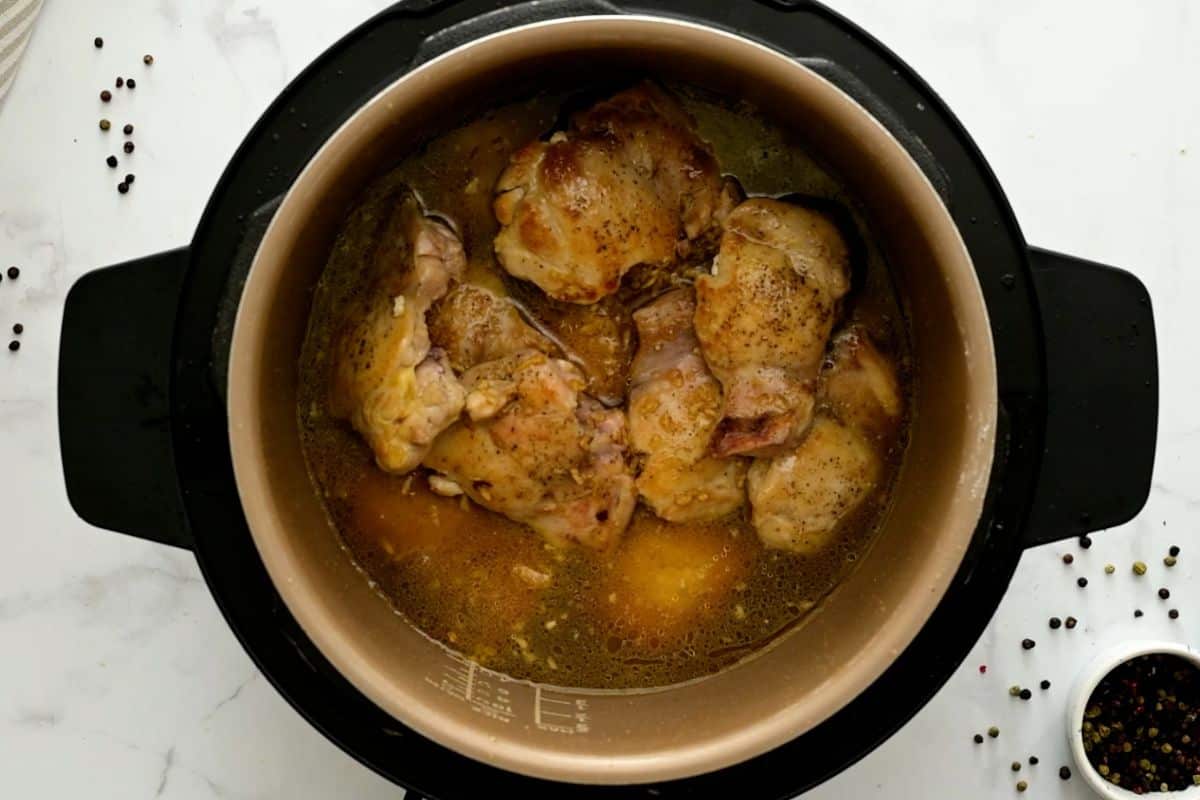 Pressure Cooked Teriyaki Chicken thighs in inner pot.
