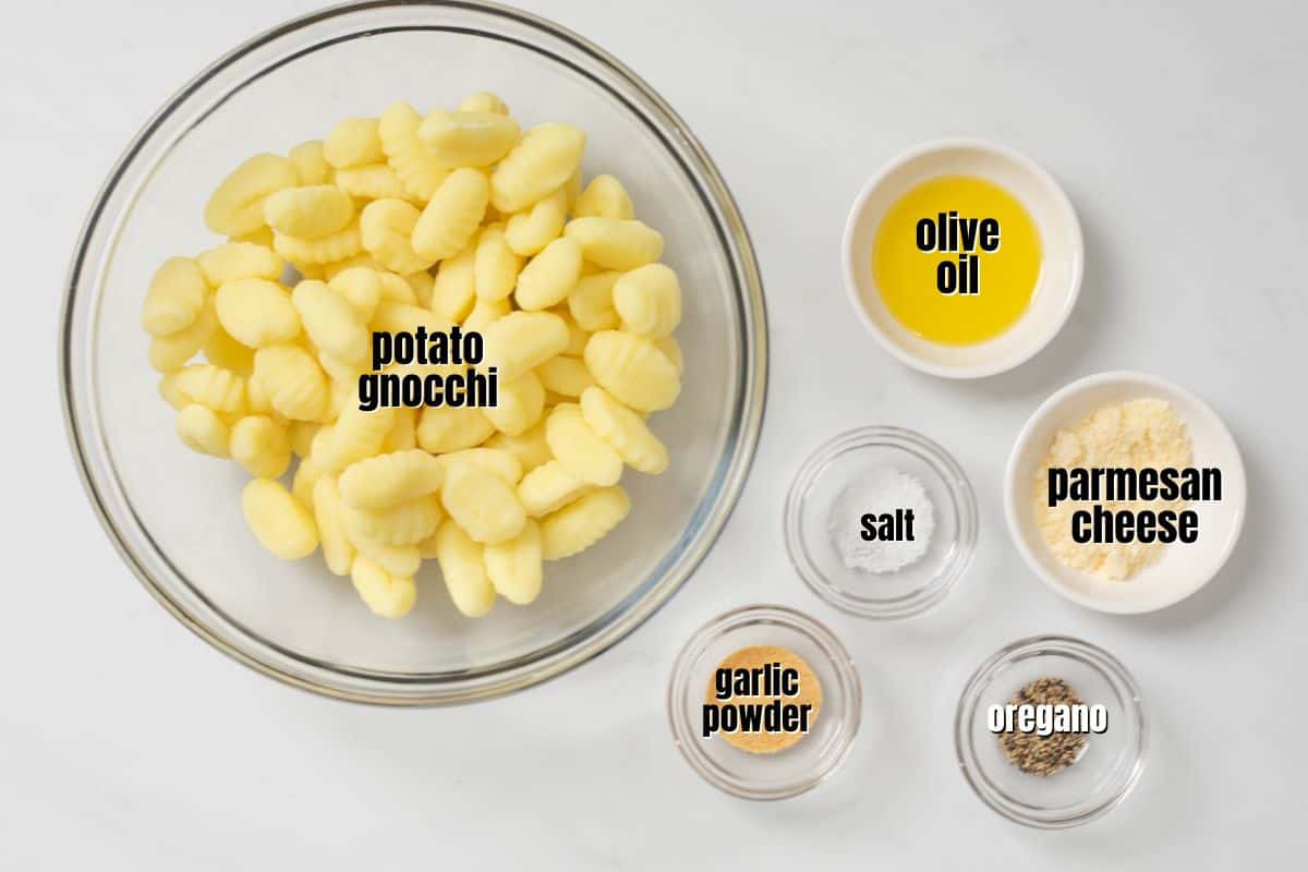 Ingredients for air fryer gnocchi labeled on counter.