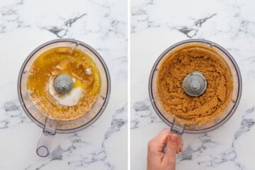 Side by side photo of food processor with graham crackers, butter, and sugar before and after processing together to resemble wet sand.