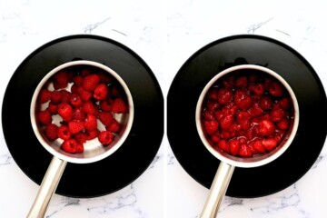 Side by side photo of raspberries in saucepan before and after simmering together.