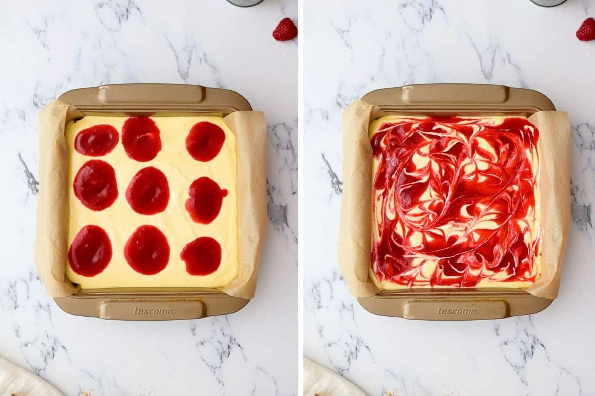 Side by side photo showing dollops of raspberry puree on cheesecake batter before and after being swirled through batter.
