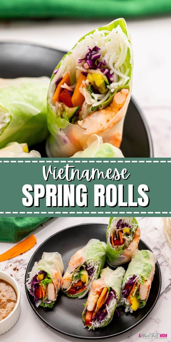 Enjoy the best tasting spring rolls with ease at home! This light and fresh spring roll recipe features shrimp, fresh vegetables, sweet mangoes, and the most delicious homemade peanut dipping sauce to result in an insanely delicious knock-off of your favorite Vietnamese Spring Rolls. 