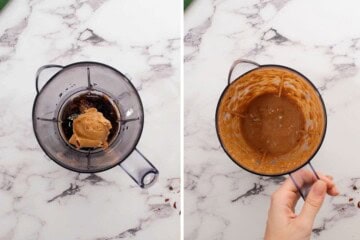 Side by side photo of peanut sauce in blender before and after blending together.