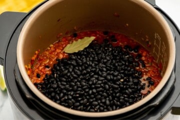 Ingredients for Instant Pot Black Bean Soup inside inner pot with dried beans on the top.