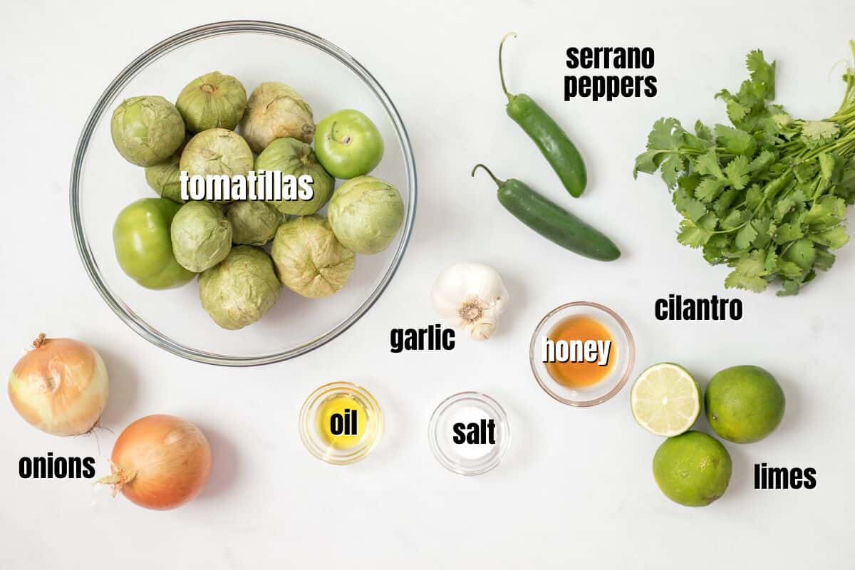 Ingredients for Salsa Verde labeled on counter.