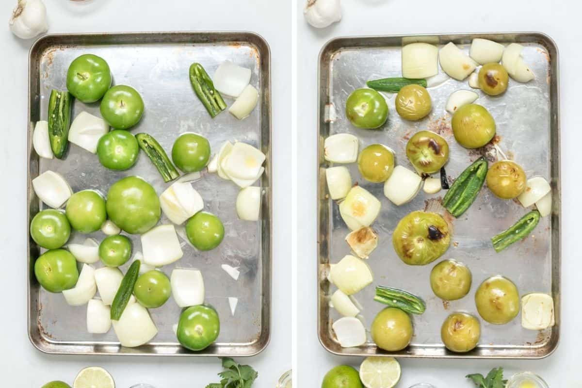 Side by side photo of tomatillos, onions, serrano peppers, and garlic on roasting pan before and after broiling.