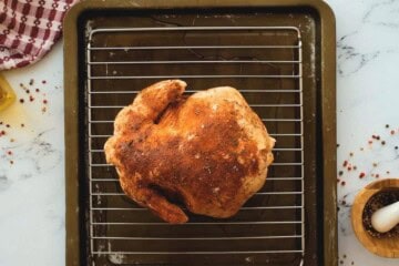 Seasoned whole chicken breast side down on baking rack over water.